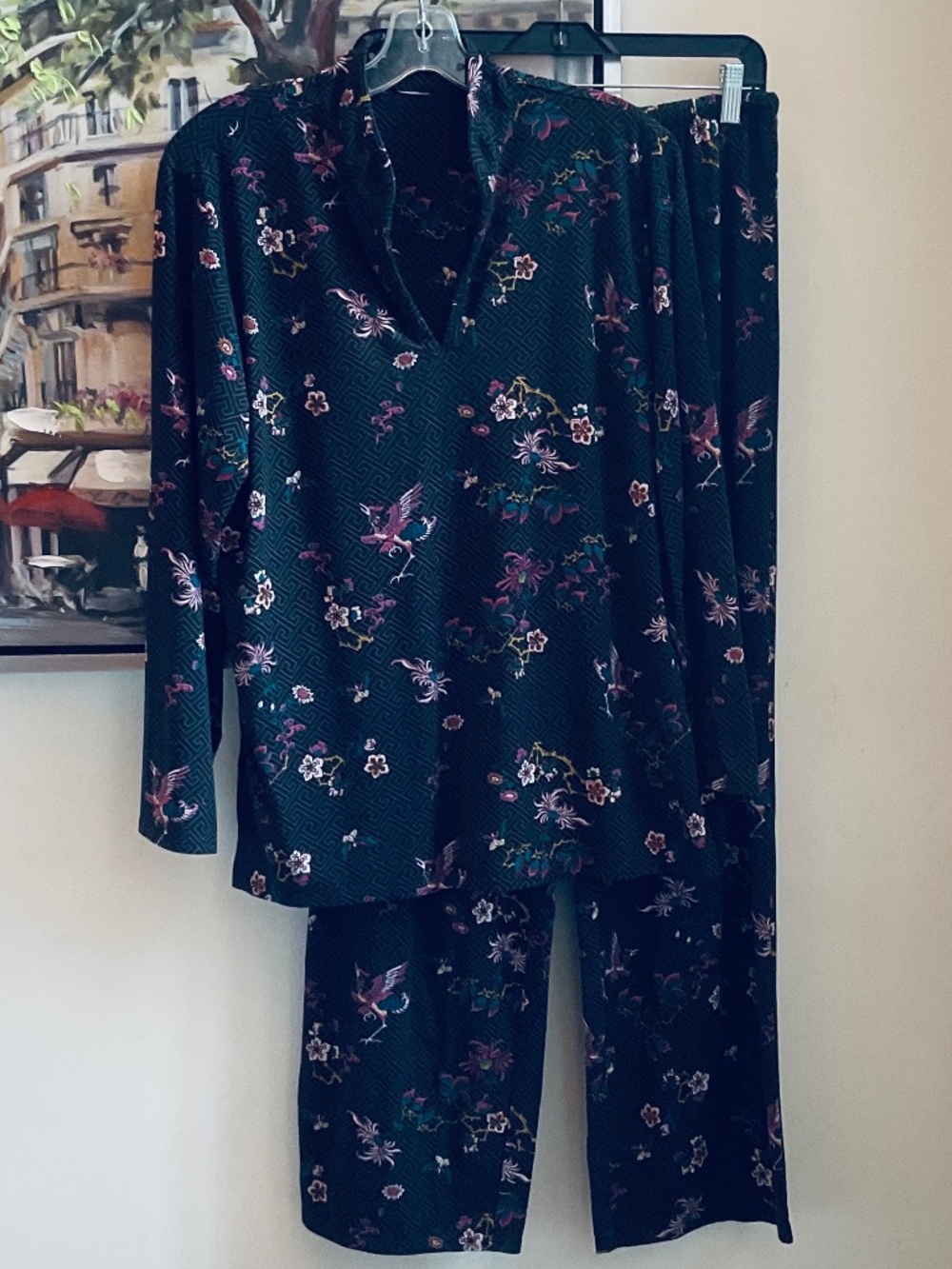 Natori Jersey Knit Mandarin Collar Pyjama Set • Black/Multi • Size M